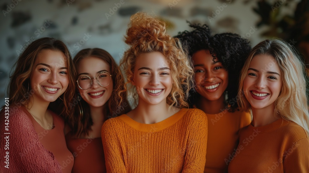 Obraz premium Gathered in a warm and inviting space, five friends radiate happiness and connection, dressed in cozy orange and brown outfits, surrounded by a charming, rustic ambiance.