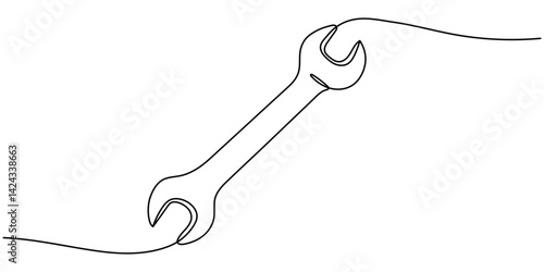 Continuous line drawing of wrench. One line of mechanical wrench. Worker tool concept continuous line art. Editable outline