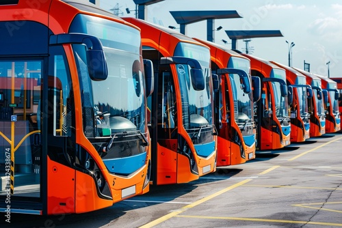 Modern orange buses parked in a depot