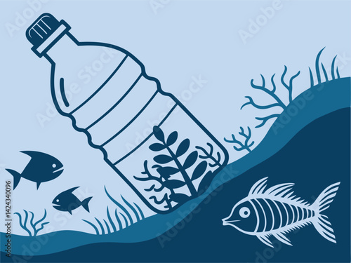 Plastic bottle pollution underwater illustration showing ocean waste harming marine life. Environmental awareness design for ecological campaigns. Emphasizes ocean cleanup and sustainability.