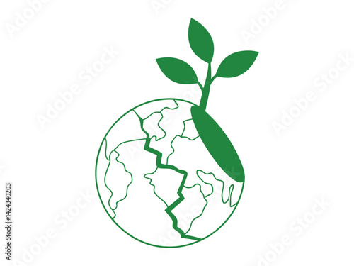 Minimalist green earth with cracks and sprouting plant represents rebirth, sustainability, and hope for nature. Ideal for environmental conservation, eco awareness, and climate change campaigns.
