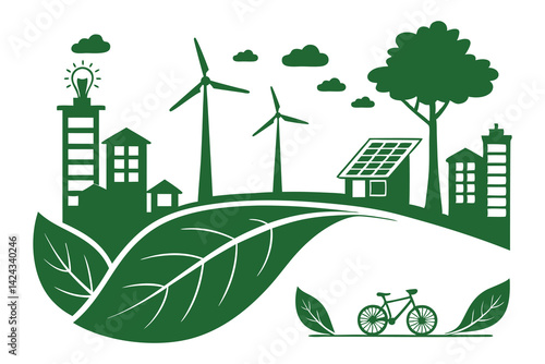 Green city eco concept with wind turbines, solar panels, and bicycle promoting sustainable urban living. Renewable energy and nature coexist in harmony. Ideal for environmental awareness visuals.