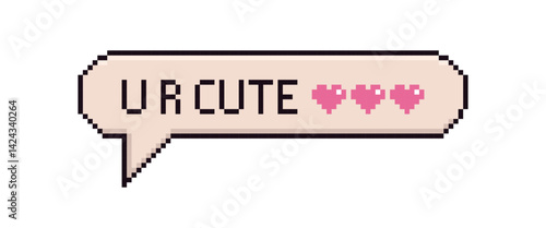 Retro romantic speech bubble icon with you are cute text and pink heart icons in 8-bit style. Pixel art love dialogue box sticker.