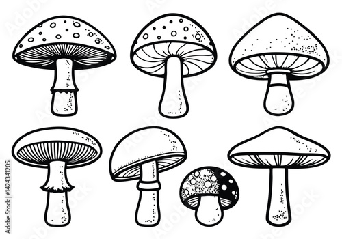 Editable Vector Mushroom Set – Stylized Fungi Collection for Custom Size and Color

