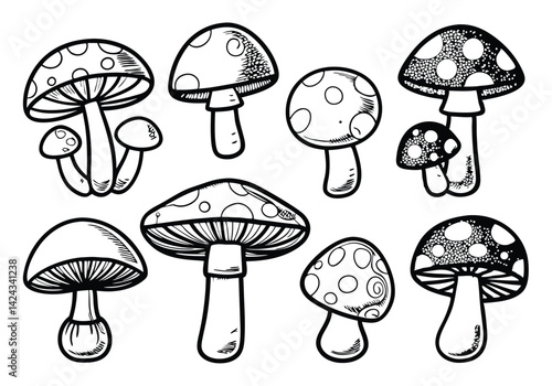 Editable Vector Mushroom Set – Stylized Fungi Collection for Custom Size and Color

