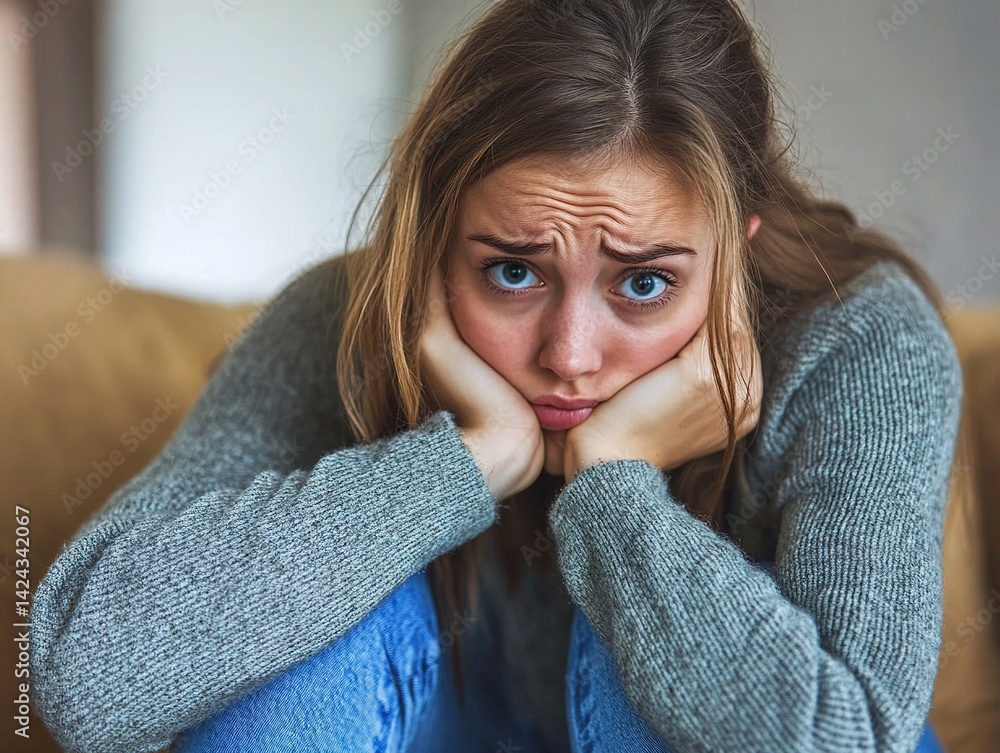 Young Woman Hugging Cushion in Thoughtful Mood on Couch Young Woman Hugging Cushion in Thoughtful Mood on Couch