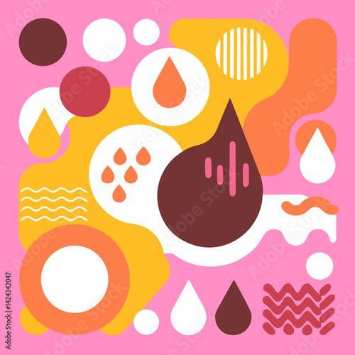 A playful dance of warm-toned abstract shapes, a vibrant celebration of color and form on a soft pink backdrop.