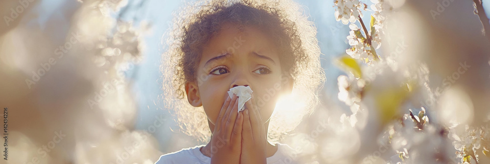 Multiracial Child Sneezing in Spring Blossom Garden. Allergy Season Concept for Health Awareness