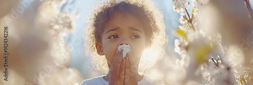 Obraz na płótnie Multiracial Child Sneezing in Spring Blossom Garden. Allergy Season Concept for Health Awareness w salonie