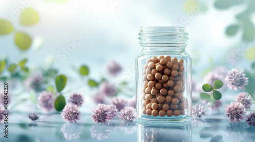Menopause concept, Red clover flowers and pink natural supplement, phytoestrogen pills for restoring women hormonal balance.
