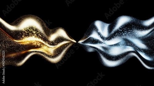 Elegant collision of gold and silver waves with sparkling particles on black background