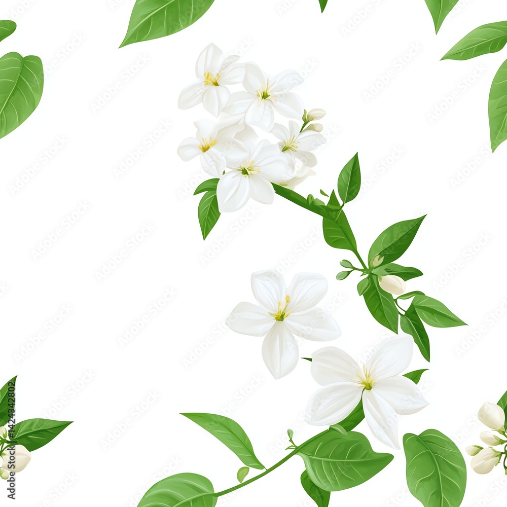 Obraz premium Seamless Pattern Featuring Jasmine Flowers with Green Leaves on White Background