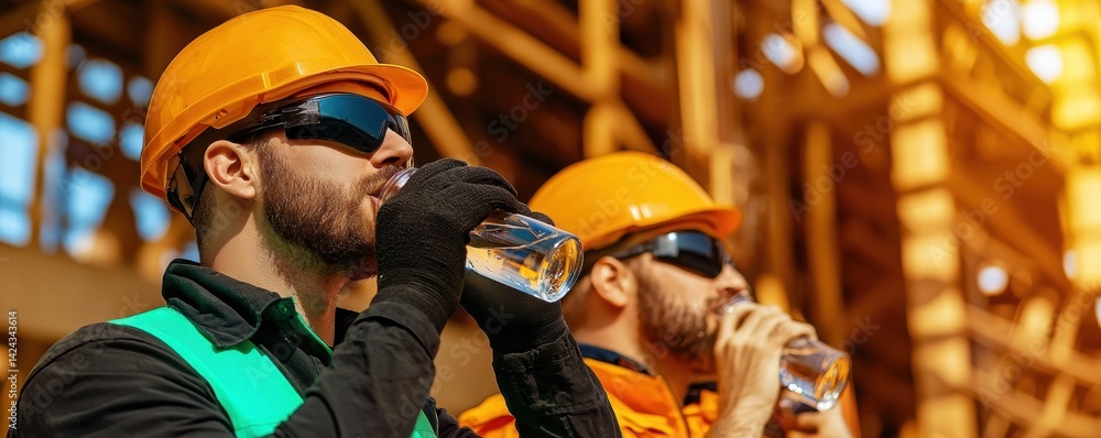 Workers Hydrating on Construction Site Urban Area Action Scene Daylight Focused Angle Health Awareness