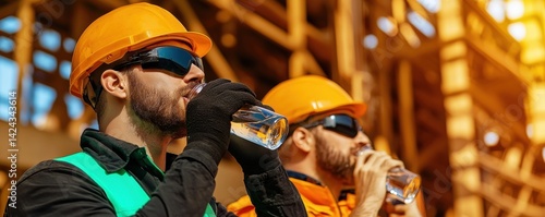 Obraz na płótnie Workers Hydrating on Construction Site Urban Area Action Scene Daylight Focused Angle Health Awareness w salonie