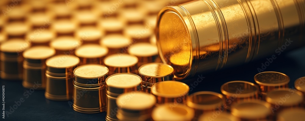 Gold Barrel Display at Industrial Site Close-Up Shot Luxury and Wealth Concept in Focus