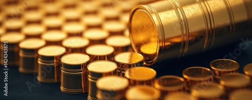 Obraz na płótnie Gold Barrel Display at Industrial Site Close-Up Shot Luxury and Wealth Concept in Focus w salonie