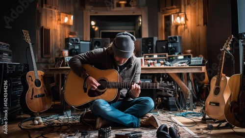 Concentrated musician composing a new song playing his acoustic guitar sitting on a carpet in a recording studio