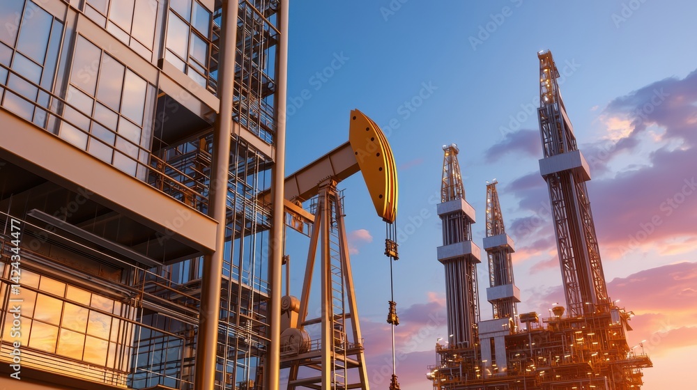 Oil Extraction Operations Industrial Site Infrastructure Development Urban Setting Aerial View Energy Sector Dynamics