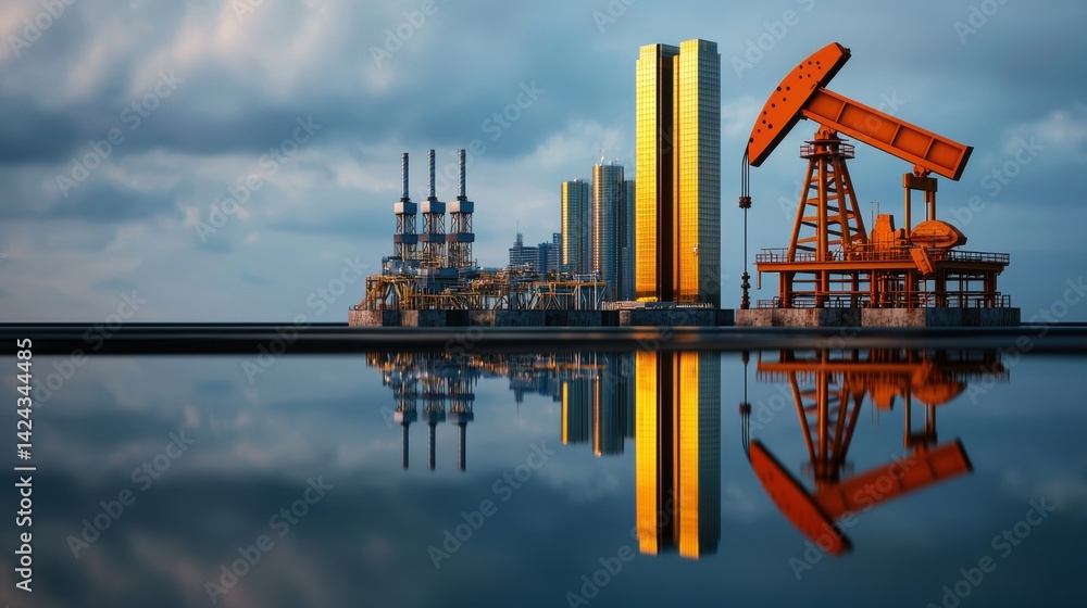 Industrial Action Oil Extraction Facility Coastal Area Photography Reflection Sunset Economic Impact