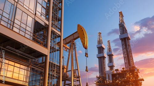 Obraz na płótnie Oil Extraction Operations Industrial Site Infrastructure Development Urban Setting Aerial View Energy Sector Dynamics w salonie
