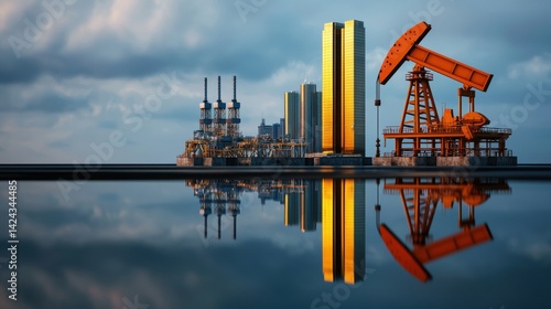 Obraz na płótnie Industrial Action Oil Extraction Facility Coastal Area Photography Reflection Sunset Economic Impact w salonie