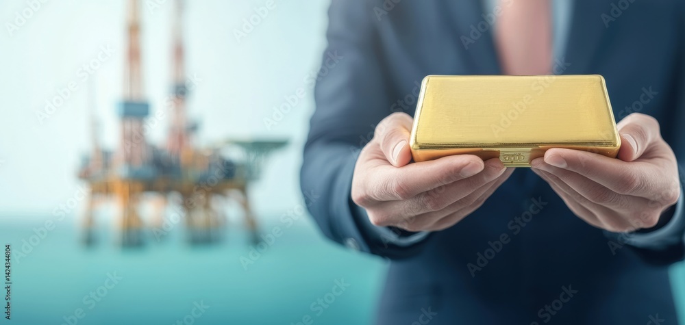 Businessman Holding Gold Bar at Oil Rig Finance Corporate Environment Professional Viewpoint Wealth Concept