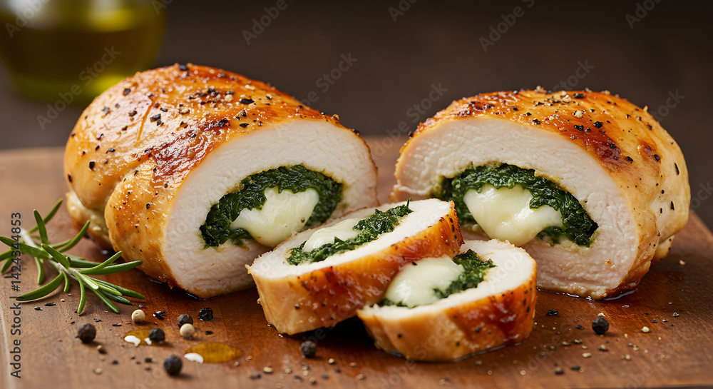 Delicious Stuffed Chicken Breast Rolls With Spinach and Cheese Close Up Delicious Stuffed Chicken Breast Rolls With Spinach and Cheese Close Up