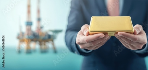 Obraz na płótnie Businessman Holding Gold Bar at Oil Rig Finance Corporate Environment Professional Viewpoint Wealth Concept w salonie