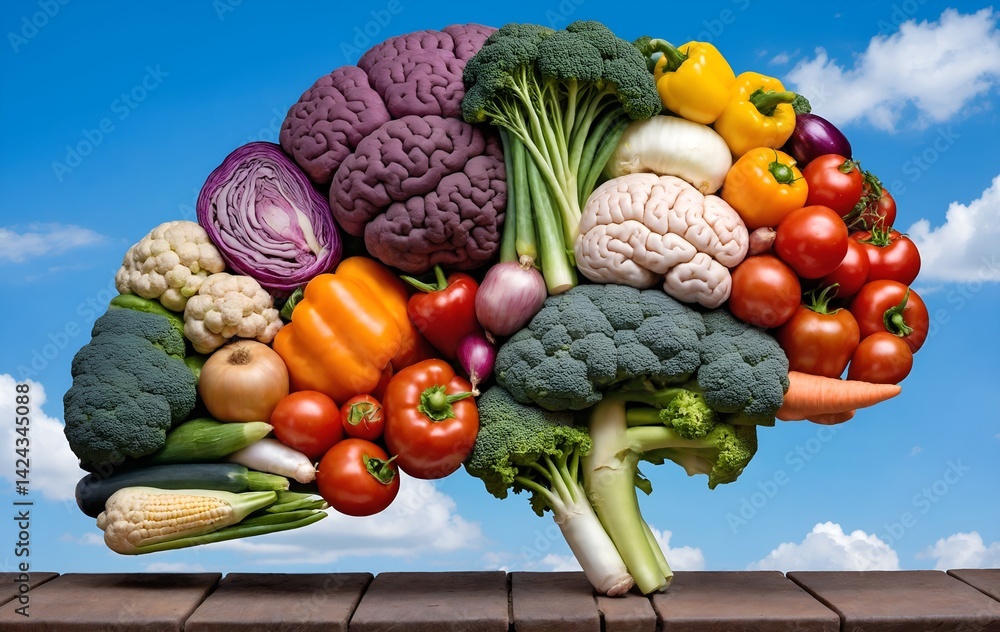 Variety of vegetables are arranged to form human brain.