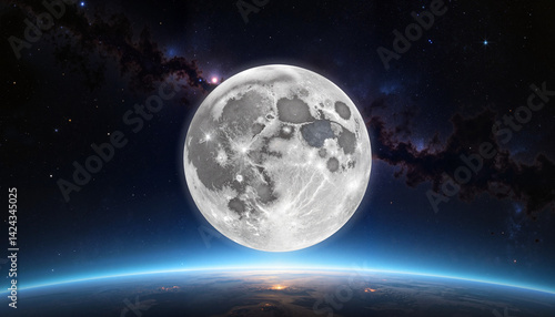 Astronaut footprint on Moon, cosmic exploration, Earth view