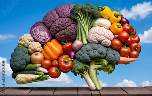 Variety of vegetables are arranged to form human brain.