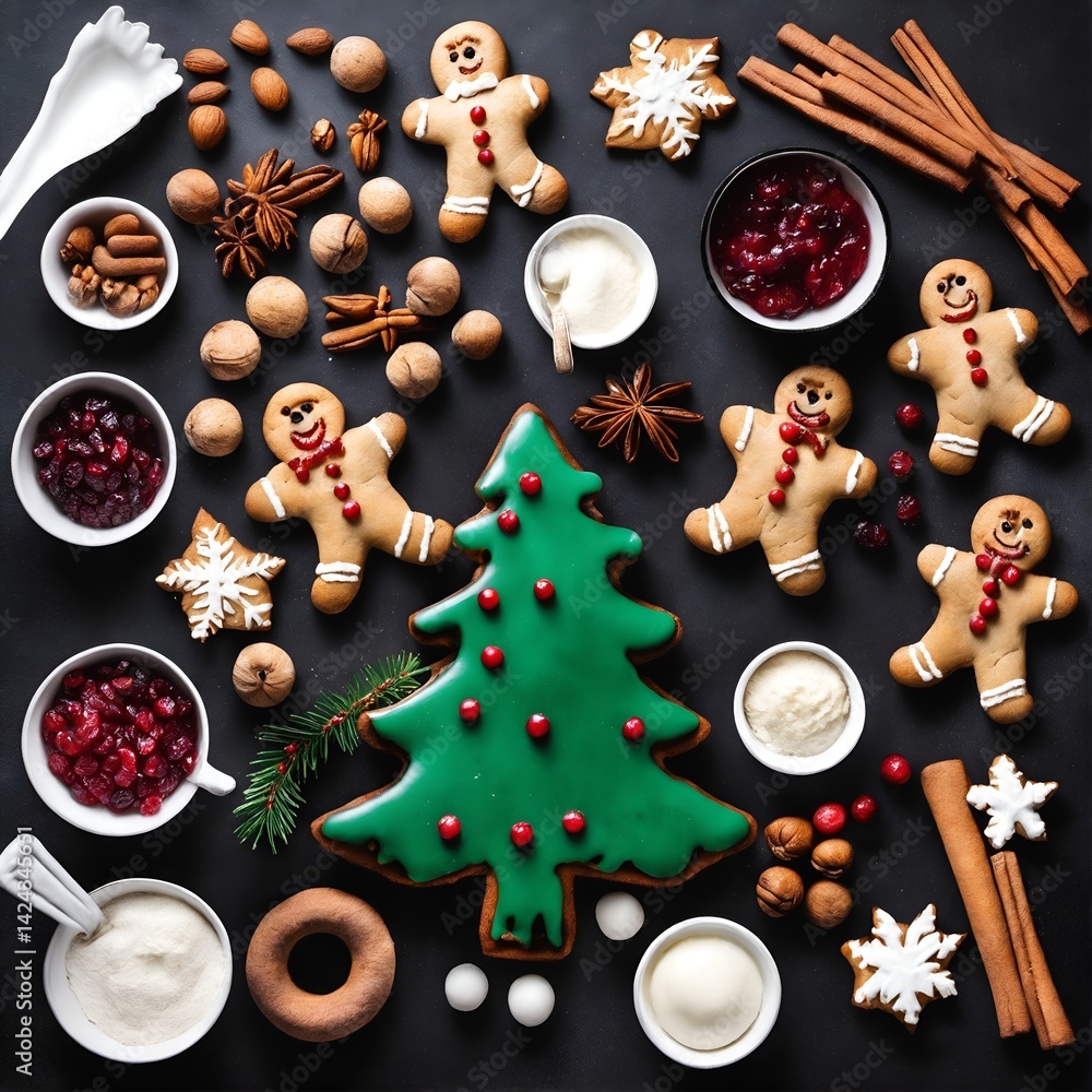 Homemade gingerbread cookies. Winter composition. New Year or Christmas. Top view flat lay. Generative AI