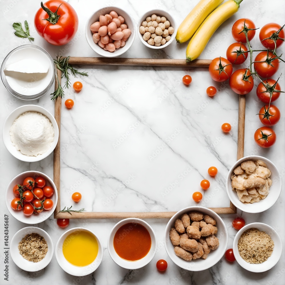 Ingredients for making sauce, table background. Top view copy space
