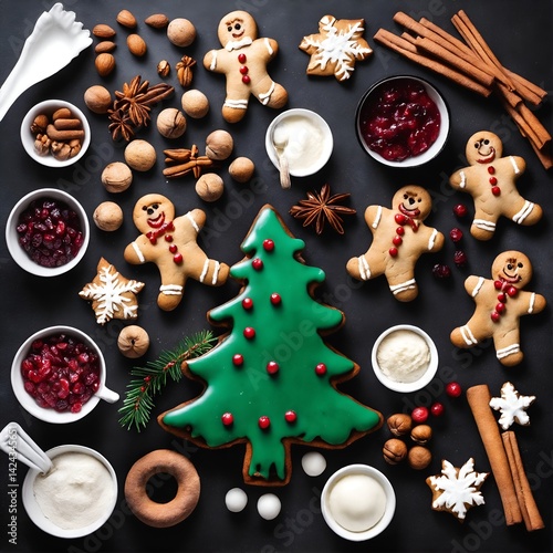 Obraz na płótnie Homemade gingerbread cookies. Winter composition. New Year or Christmas. Top view flat lay. Generative AI w salonie