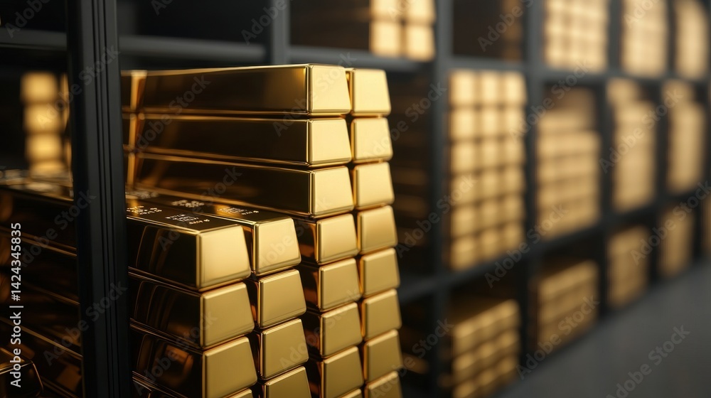 Gold Bars Stacked in Secure Vault Financial Hub High-Value Assets Showcase Industrial Environment Close-Up View