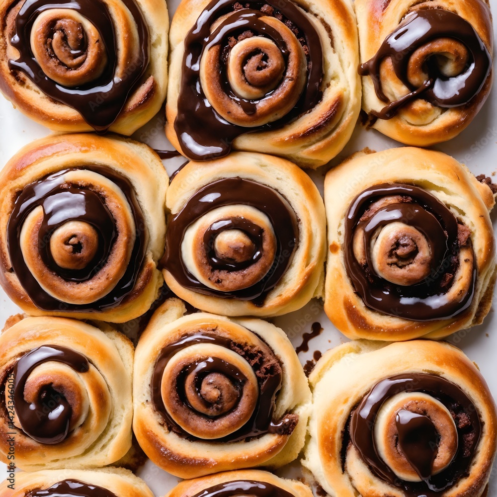 Top down view of delicious cinnamon rolls with rich chocolate glaze. Generated AI.