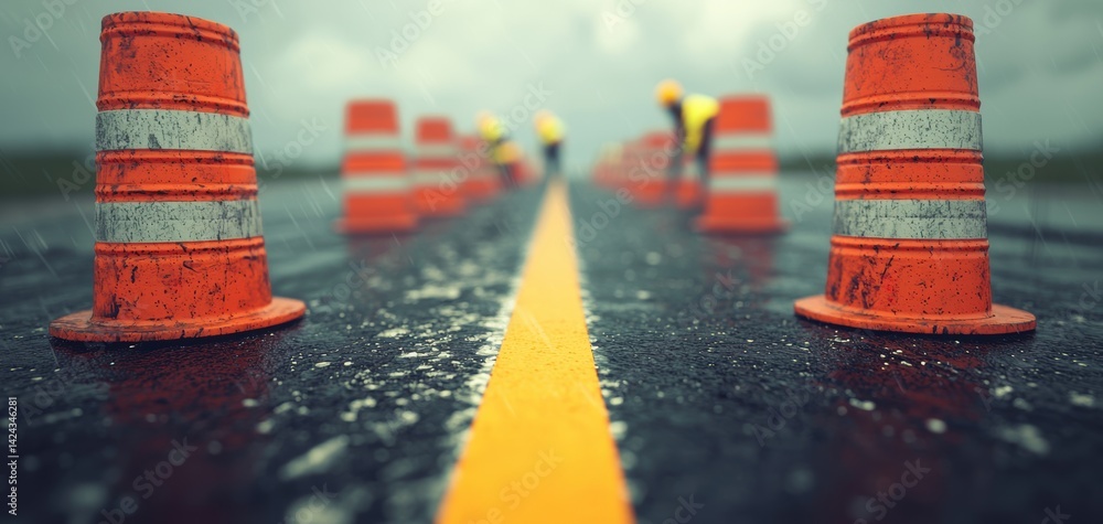 Construction Workers Managing Traffic on Rainy Highway Urban Roadwork Scene Low Angle View Safety Precautions