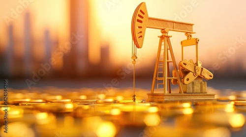 Obraz na płótnie Oil Extraction Process Urban Environment Industrial Scene Sunset Glow Aerial View Energy Production w salonie