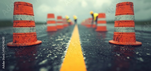 Obraz na płótnie Construction Workers Managing Traffic on Rainy Highway Urban Roadwork Scene Low Angle View Safety Precautions w salonie