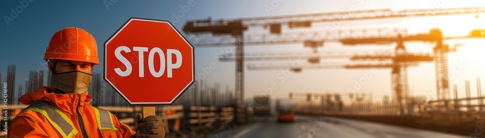Construction Site Safety Action Urban Environment Image of Worker with Stop Sign Professional Viewpoint Safety Concept