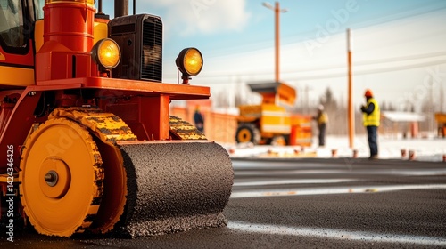 Obraz na płótnie Construction Crew Paving Asphalt Road Urban Setting High-Resolution Image Daylight Close-Up Perspective w salonie