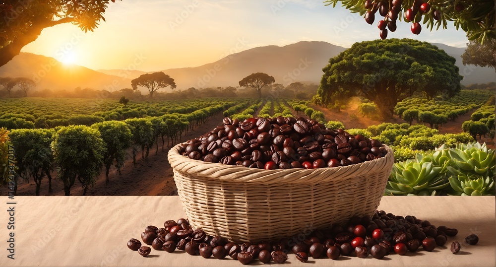 Wooden table with brown roasted and red unprocessed coffee beans. Drying berries on sun.