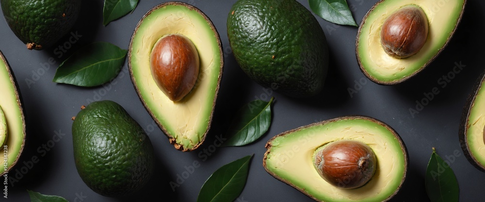 Avocado on dark background. Eating healthy fats and fiber. Top view