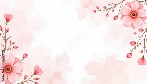 A delicate floral design featuring soft pink flowers and buds against a light watercolor background, perfect for invitations or greeting cards.