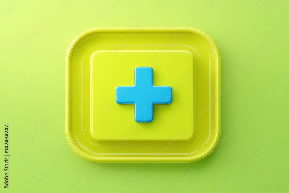 Obraz premium Bright yellow button with a teal plus symbol.