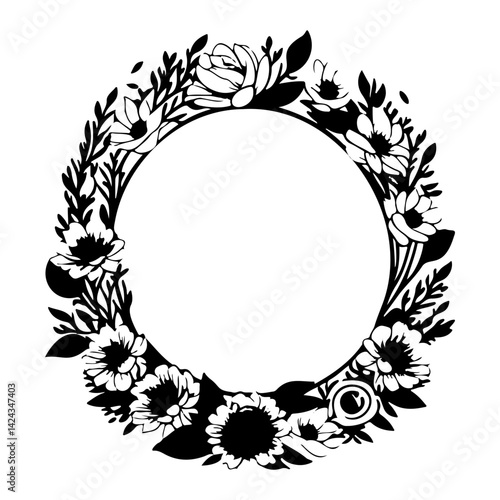Elegant Floral Circle Frame in Black and White