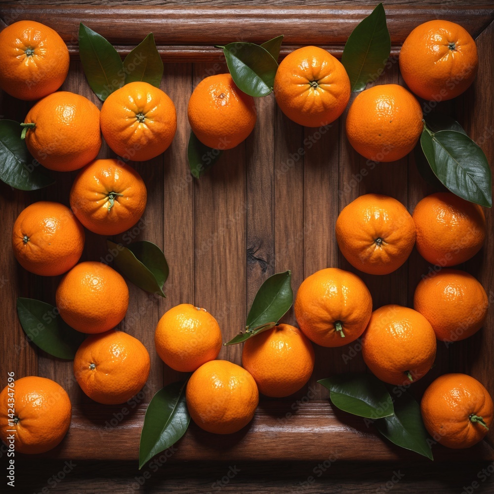 Mandarin fruits, frame form copy space on dark. Top view flat lay