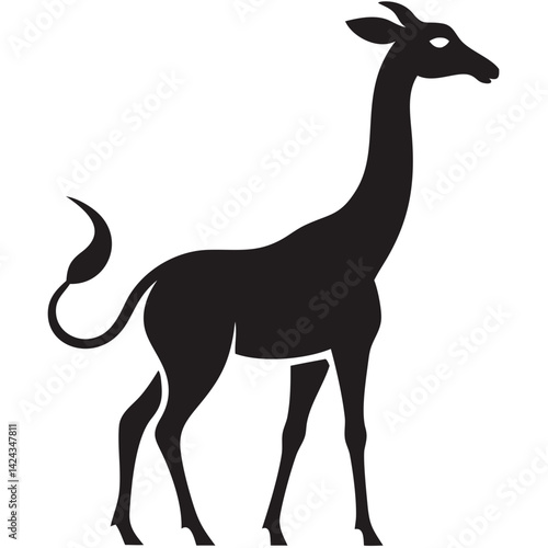 A graceful giraffe silhouette, elegantly poised against a stark white background in a bold, black-and-white style.