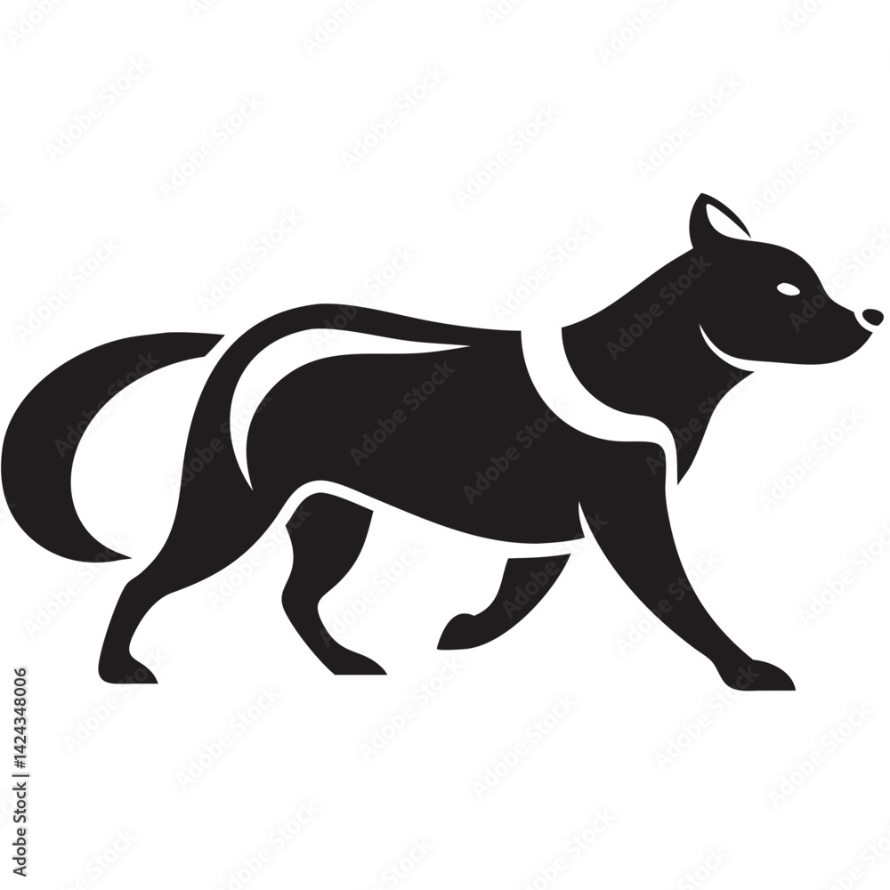 A powerful stylized canine in motion, a bold black silhouette against a stark white background. A powerful stylized canine in motion, a bold black silhouette against a stark white background.