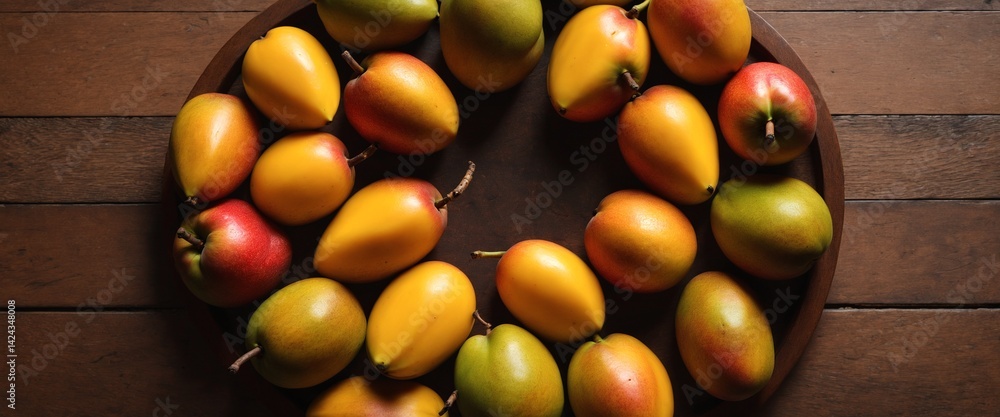 Fresh ripe mango fruits on wooden table. Top view
